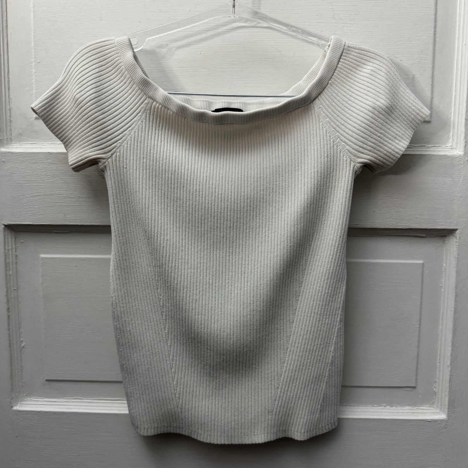 Intermix Womens S Ivory Rib Knit Top Short Sleeve Boat Neck Stretch