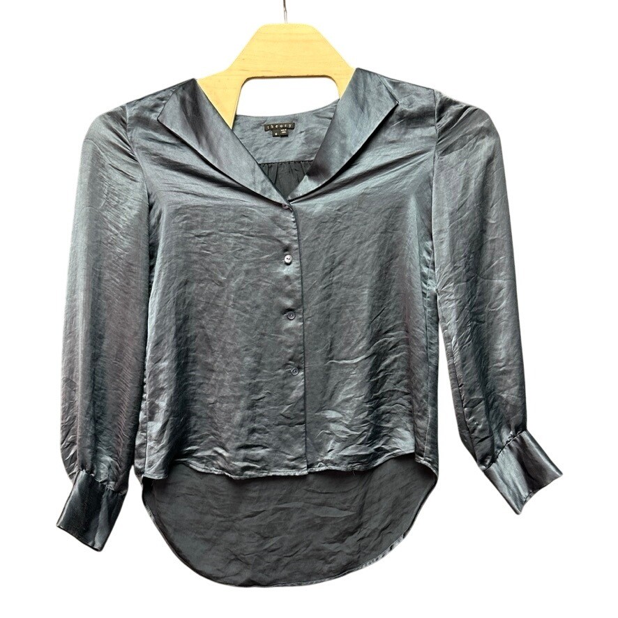 Theory Womens Charcoal Grey Satin Notched Lapel Blouse High Low Hem Size M