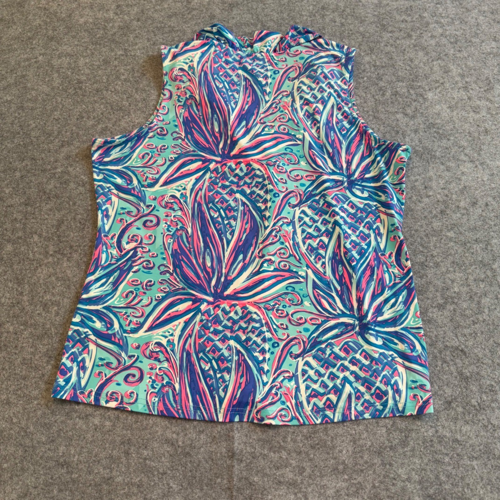Lulu B Ruffle Top Womens Medium Blue Pineapple Print Sleeveless V-Neck SPF
