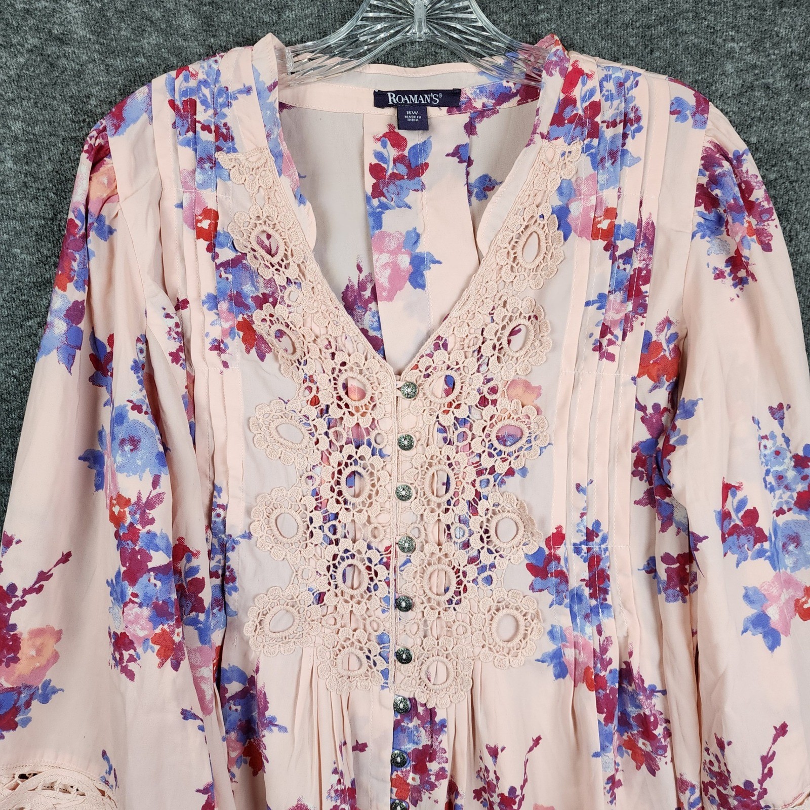Roaman’s Floral Lace Tunic Women 16W Pink Boho Crochet Button Front Pintuck