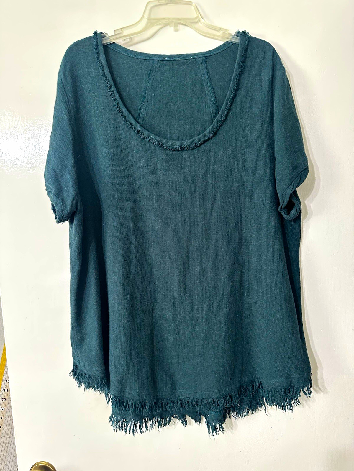 Green Solid Linen Rayon Fringe Hem Scoop Neck Short Sleeve Top Womens 1XL
