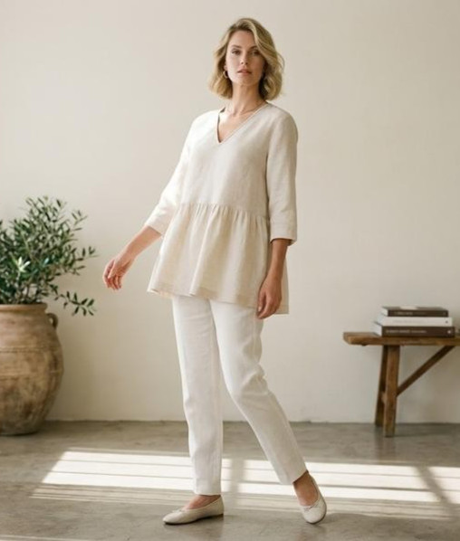 Farhi by Nicole Farhi Linen Tunic Blouse, V-Neck 3/4 Sleeve Boho Cream/Ivory M