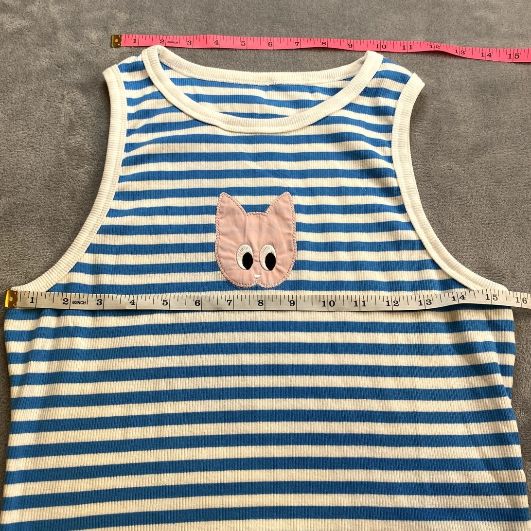 Cider Cotton-Blend Stripe Cat Graphic Crop Tank Top – Size Large