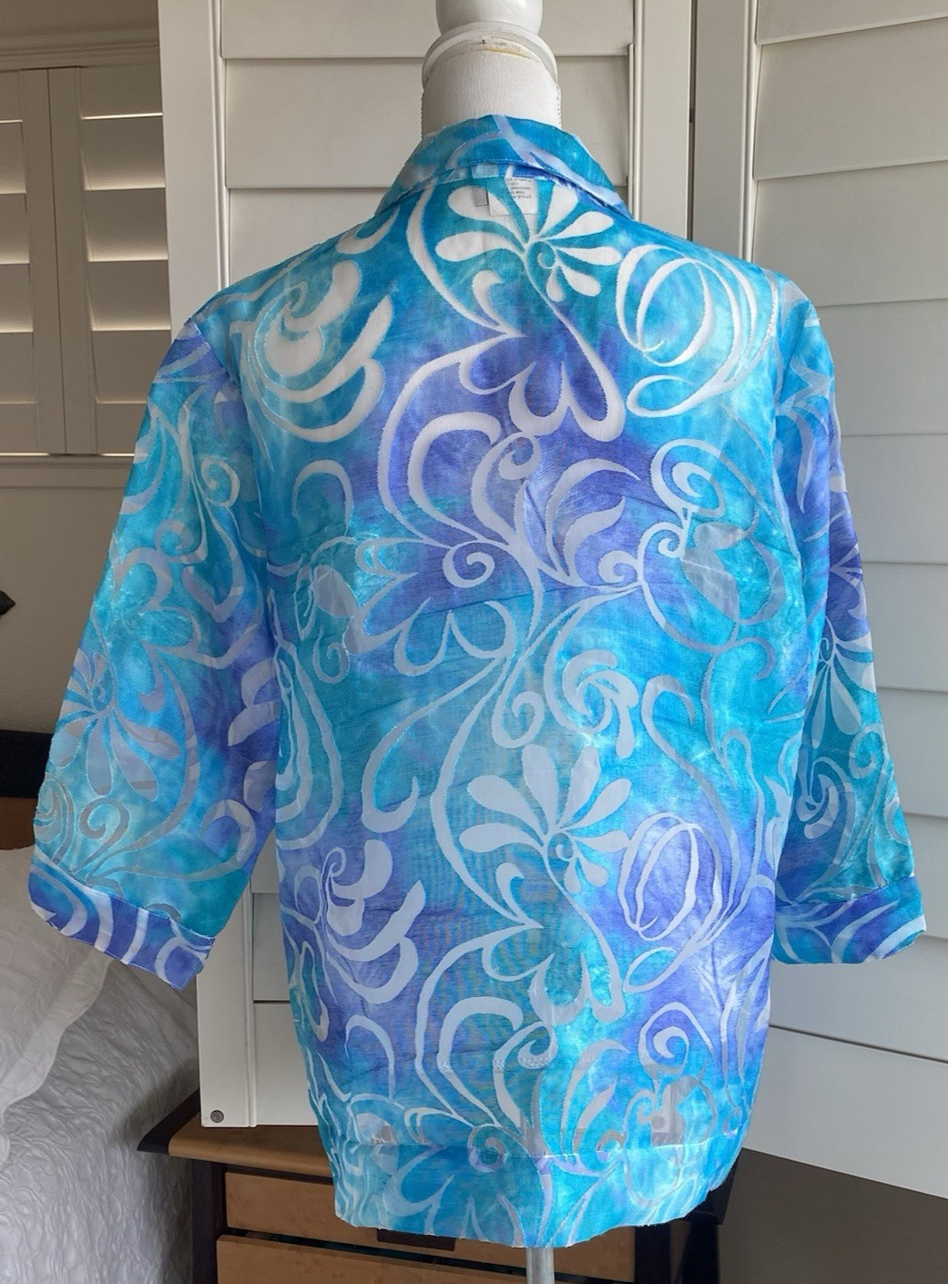 ALL HOURS Women XL Turquoise Blue Sheer Button Front Blouse USA Made Vtg Artsy