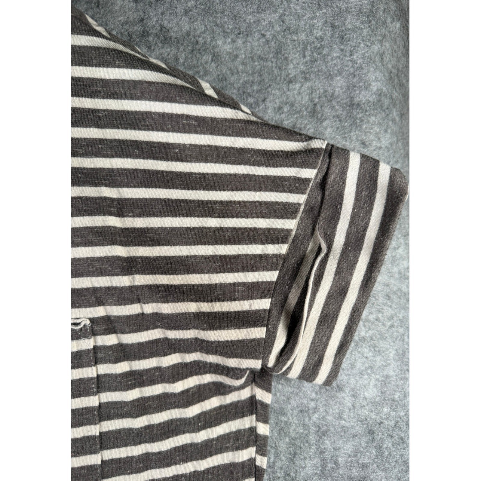 Grey and White Striped Short Sleeve Pocket Tee with Pleated Back and Curved Hem