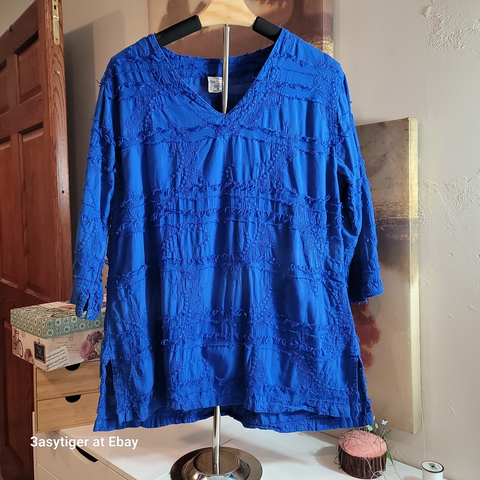 Vintage Sea Breeze Royal Blue Tunic Top Embroidered Gauze 100% Cotton M USA Made