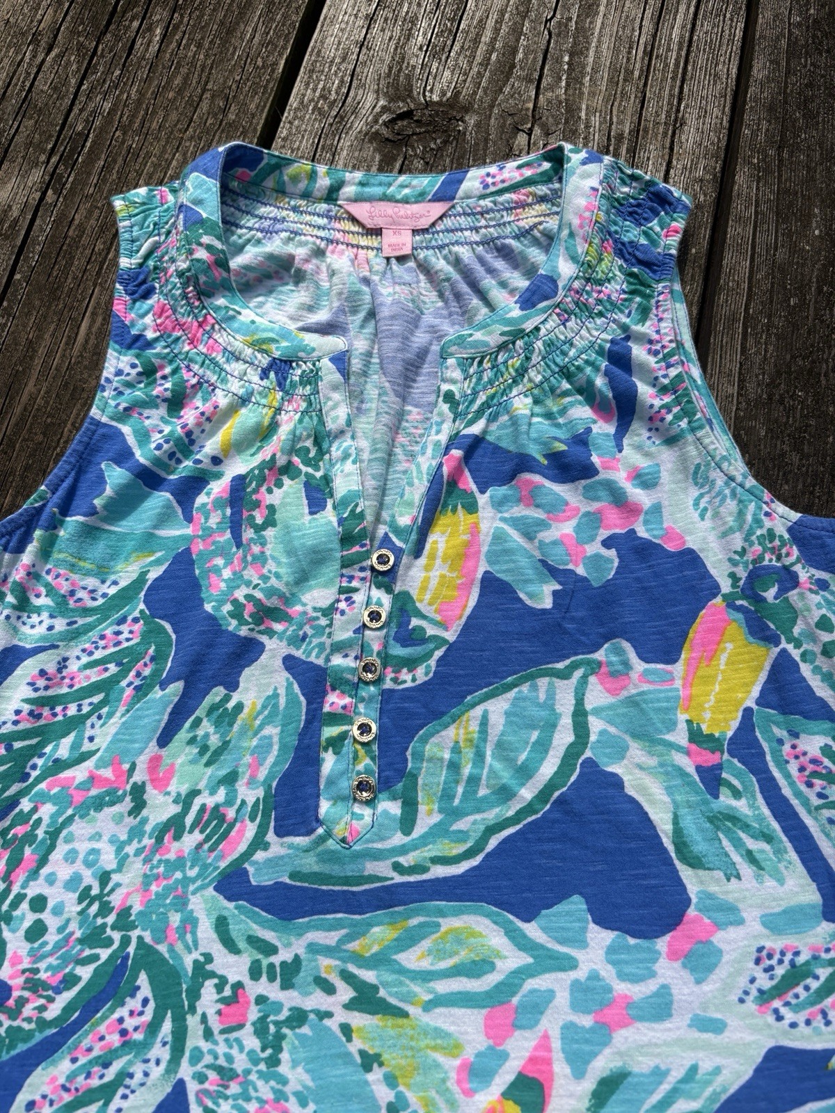 Lilly Pulitzer Tank Essie Top Printed Smocked Ruched Button Sleeveless Size XS