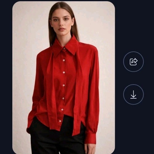 New York City Design Co. Blouse Size S Red Button Silk Long Sleeve MOP Tie
