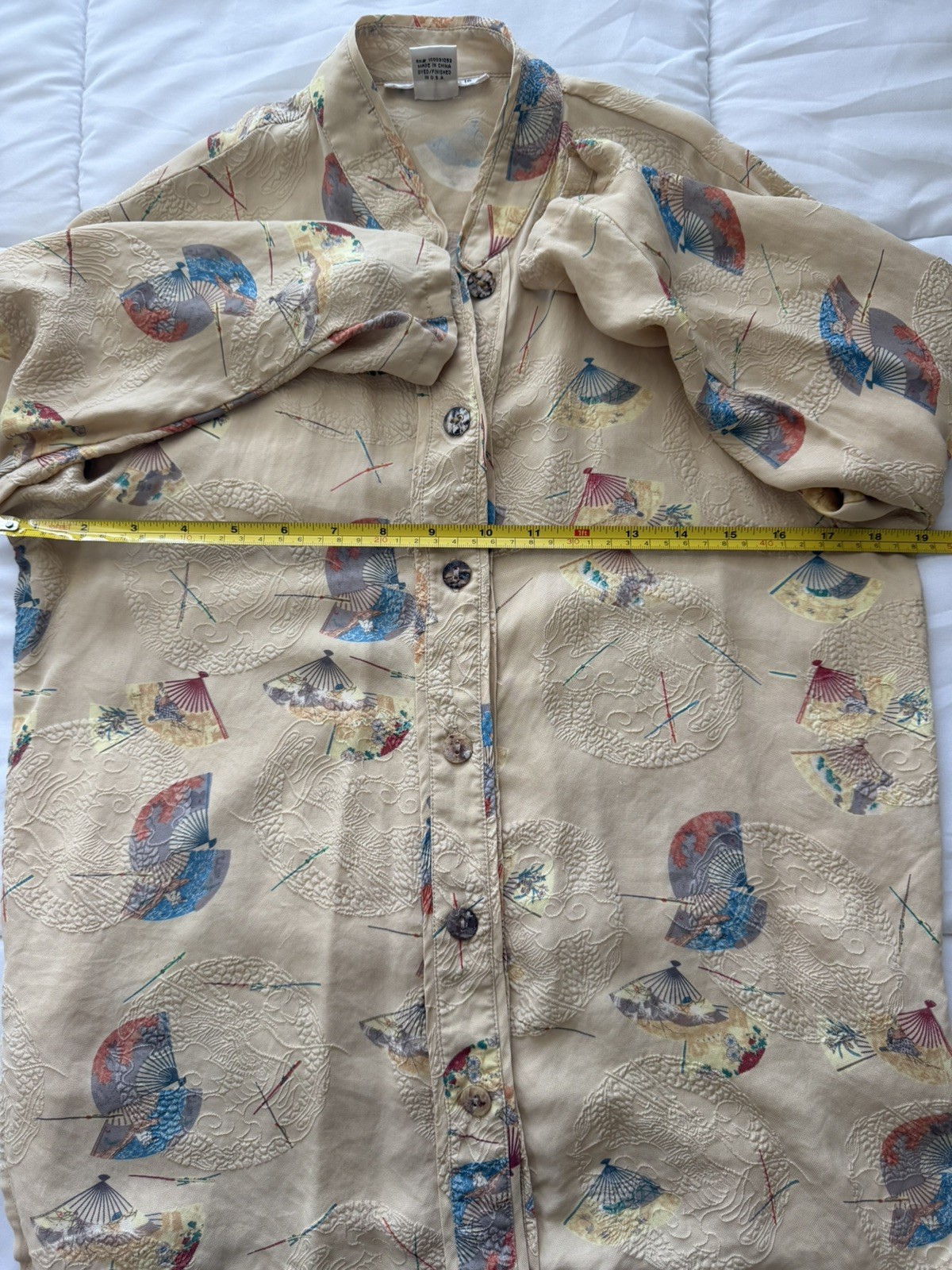 CITRON Santa Monica Silk Art to Wear Asian Fan Print Mandarin Collar Top Size S