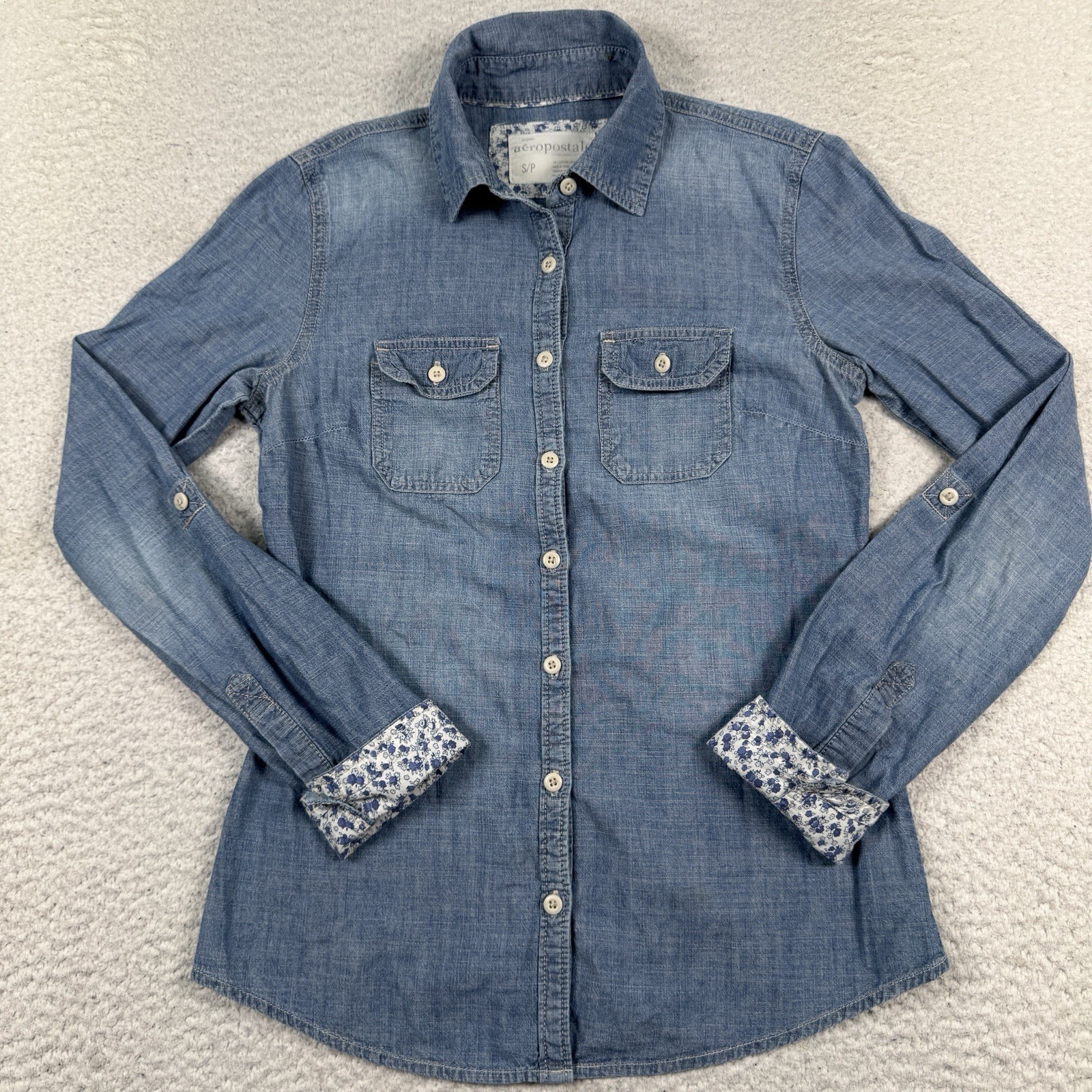 Aeropostale Denim Shirt Women Small Button Up Roll Tab Sleeves Floral Flip Cuffs