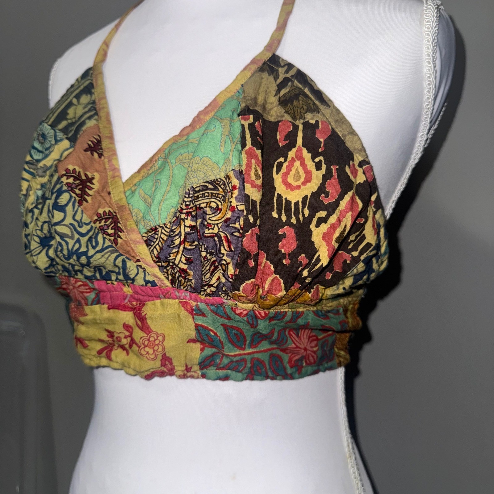 Hippie Forever Patchwork Halter Crop Top Boho Floral Festival Wrap Multi Color