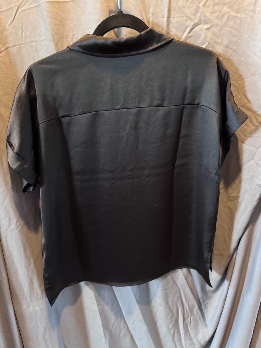 Rachel Zoe Black Satin Button-Down Short Sleeve Shirt with Chest Pockets