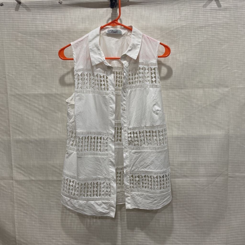 Axel Button Up Shirt White Sleeveless Collar Sheer Chrochet Cut Out Stretch S/38