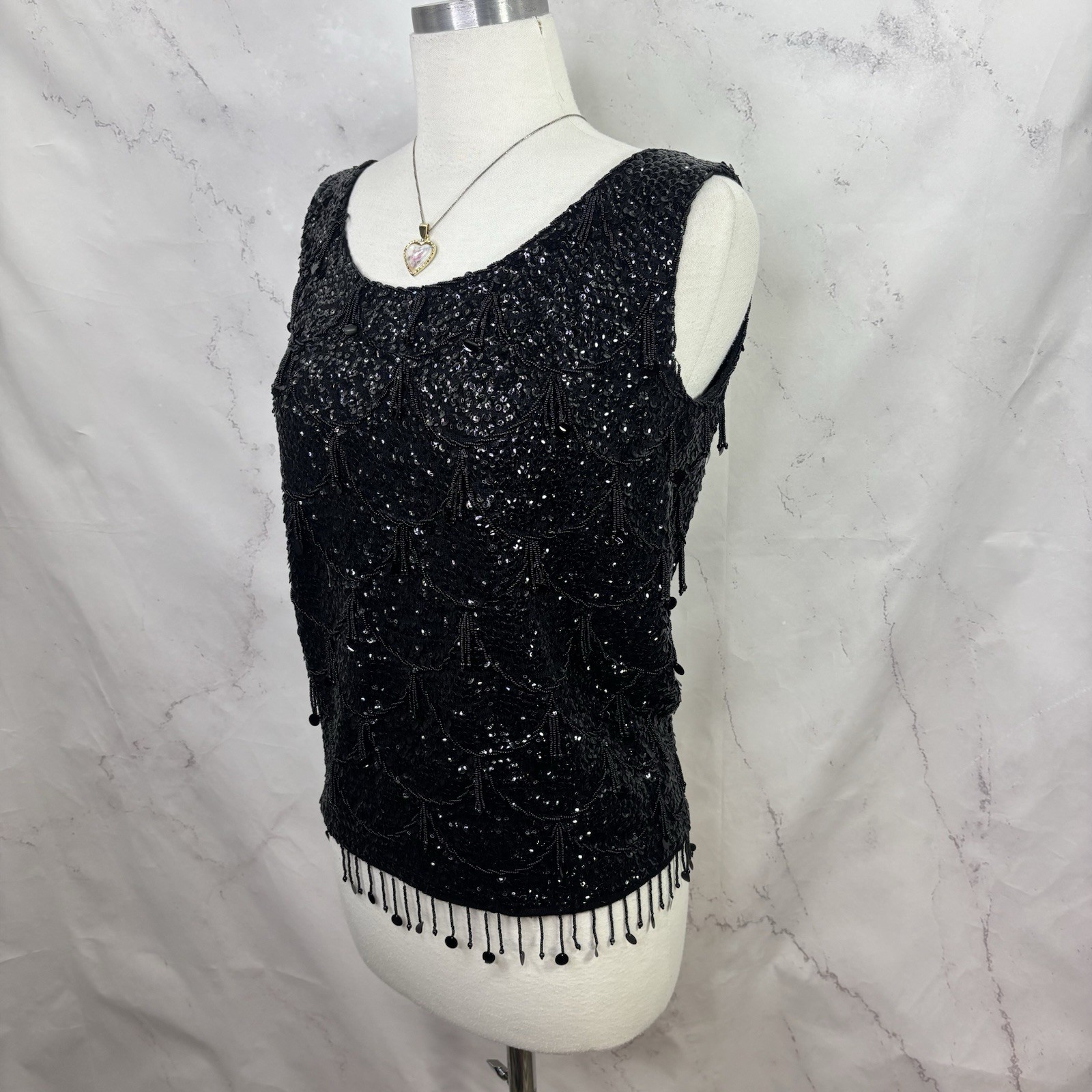 Vintage 60s Flapper Black Shiny Beaded Blouse Top Fringe Sequins Silk M Glam