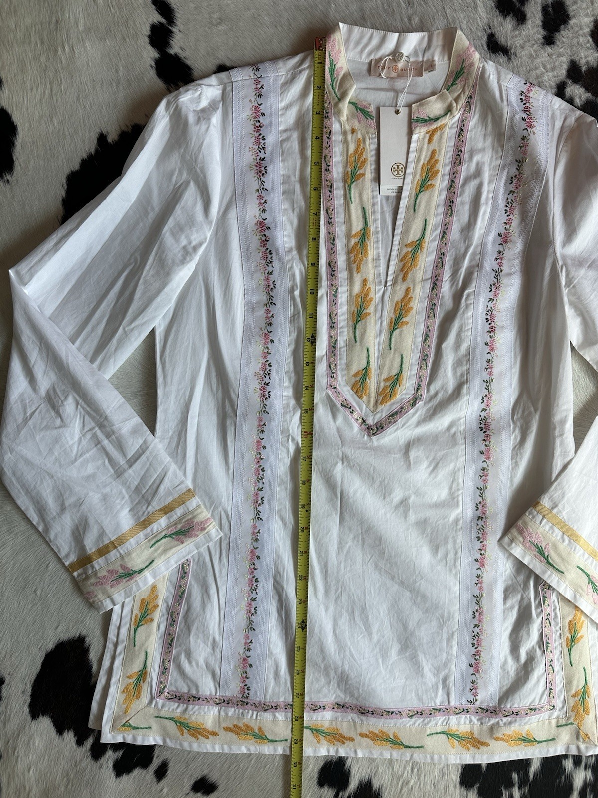 Tory Burch size 2 Embroidered White Boho Tunic with Yellow Floral Accents
