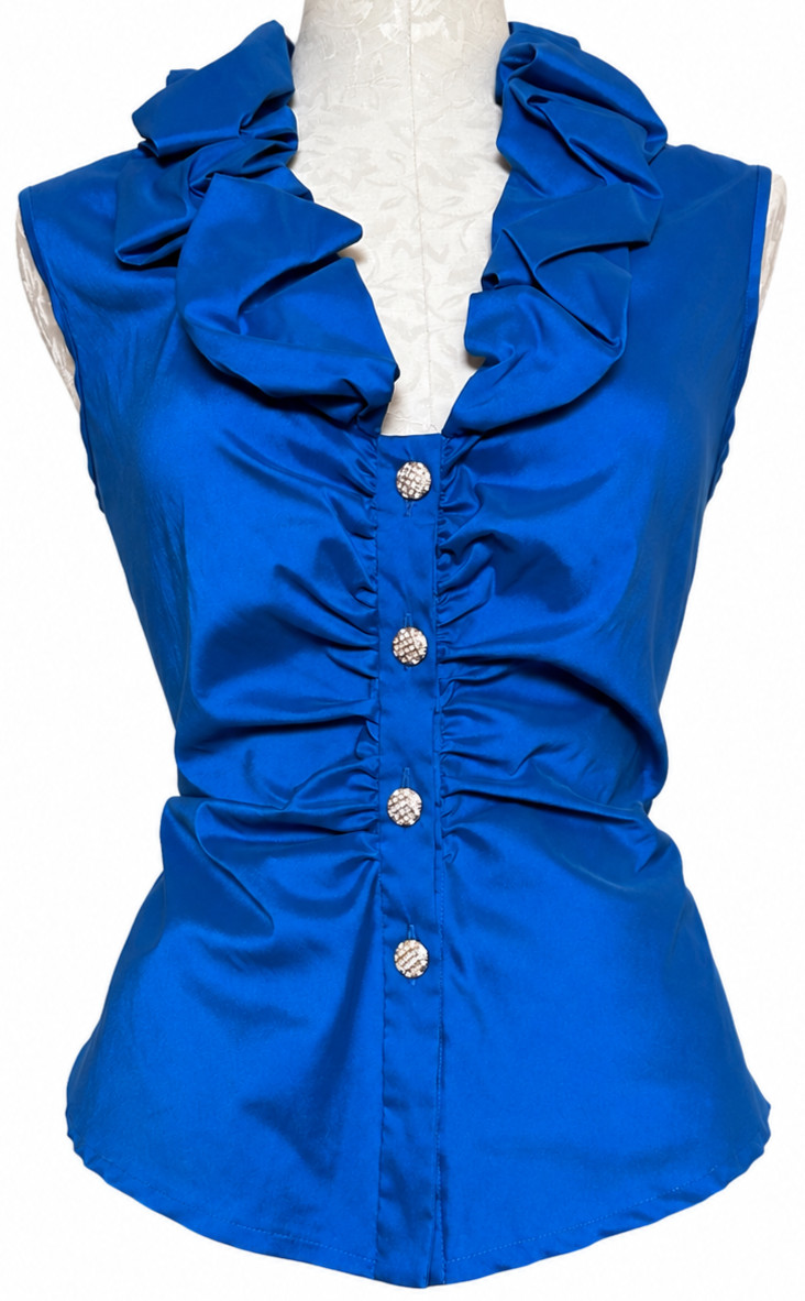 DONNA RICCO Collection Blue Ruffle Rhinestone Button Blouse Size 14