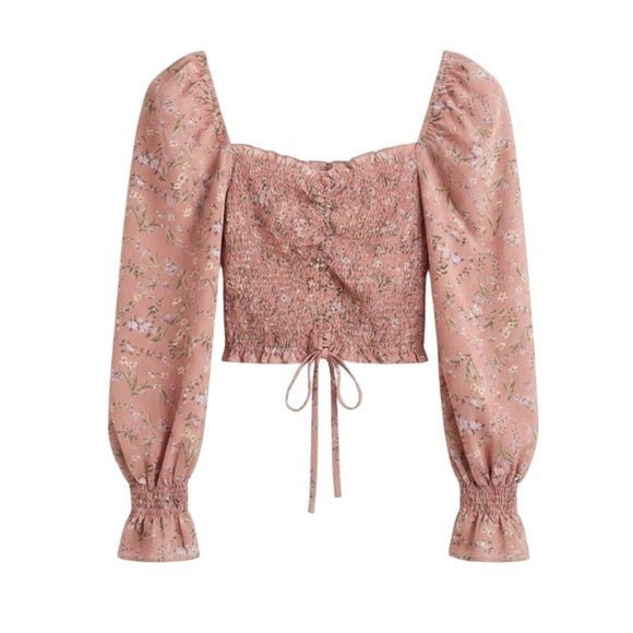 Blush BJ Dusty Rose Floral Smocked Puff Sleeve Crop Top Square Neck Small