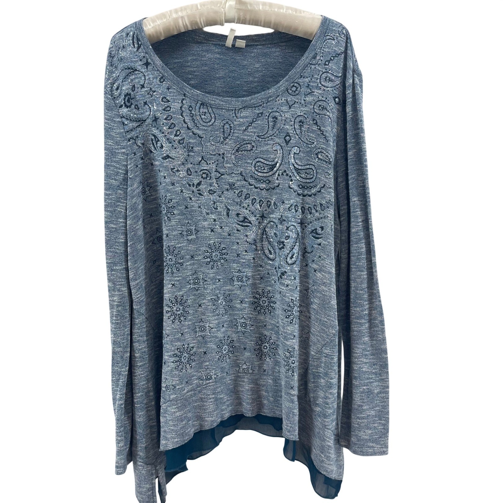 Boho Paisley Tunic Top Womens L Blue Flowy Asymmetrical Hem Soft Stretch Fairy