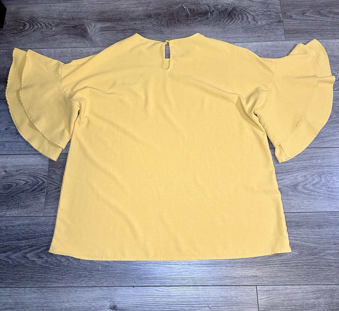 Luvamia Yellow Crewneck Blouse Bell Sleeve Ruffles Womens Shirt Size XL