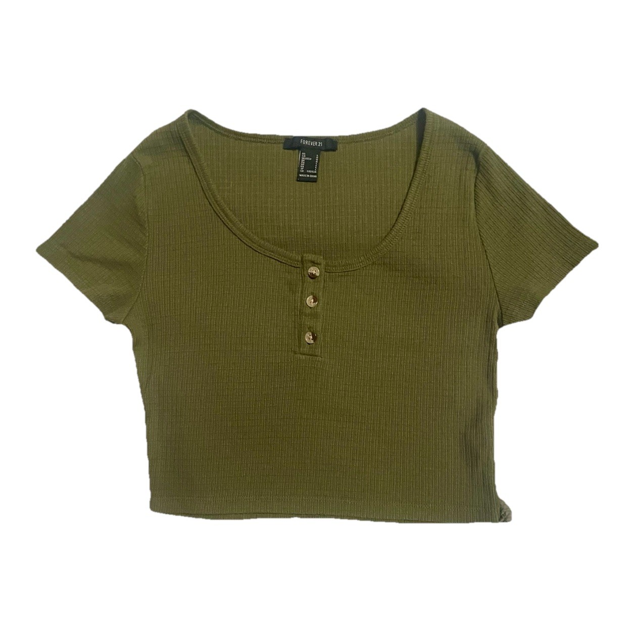 FOREVER 21 Women’s Olive Green Knit Short Sleeve Button Cropped T-Shirt, L