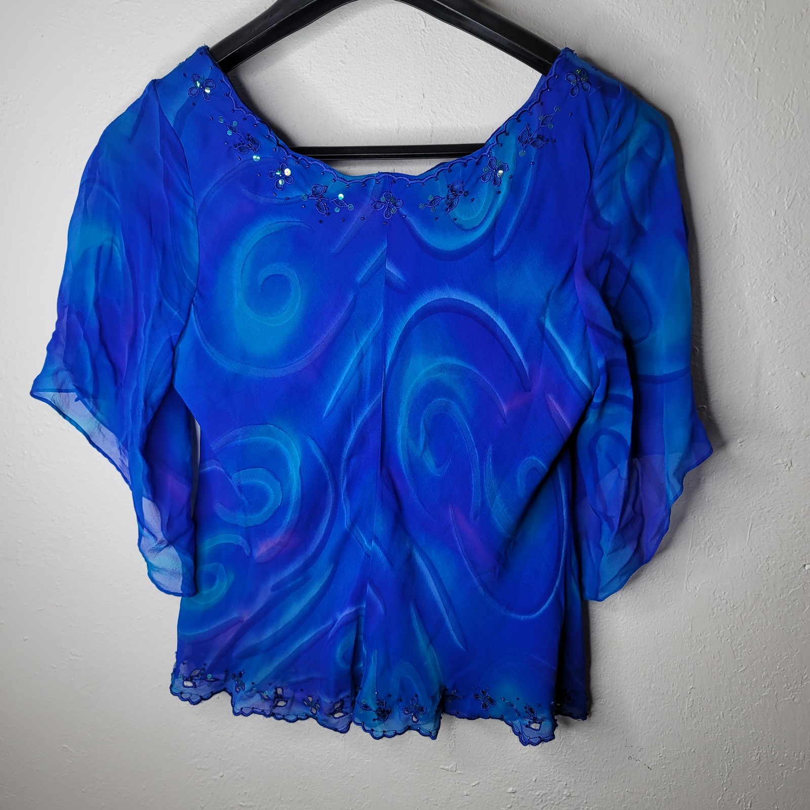 Draper’s & Damon’s Sz 14 Silk Blouse Blue Sheer Embroidered Top Sequin Fairy New