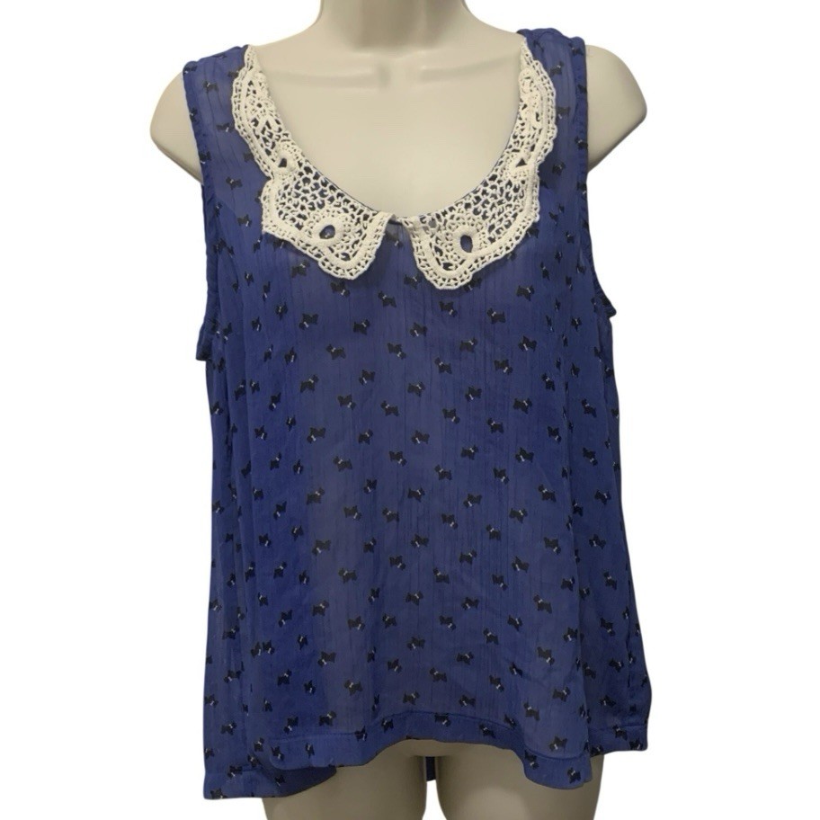 Living Doll Scottie Dog Print Sheer Sleeveless Blouse Large Blue Crochet Collar