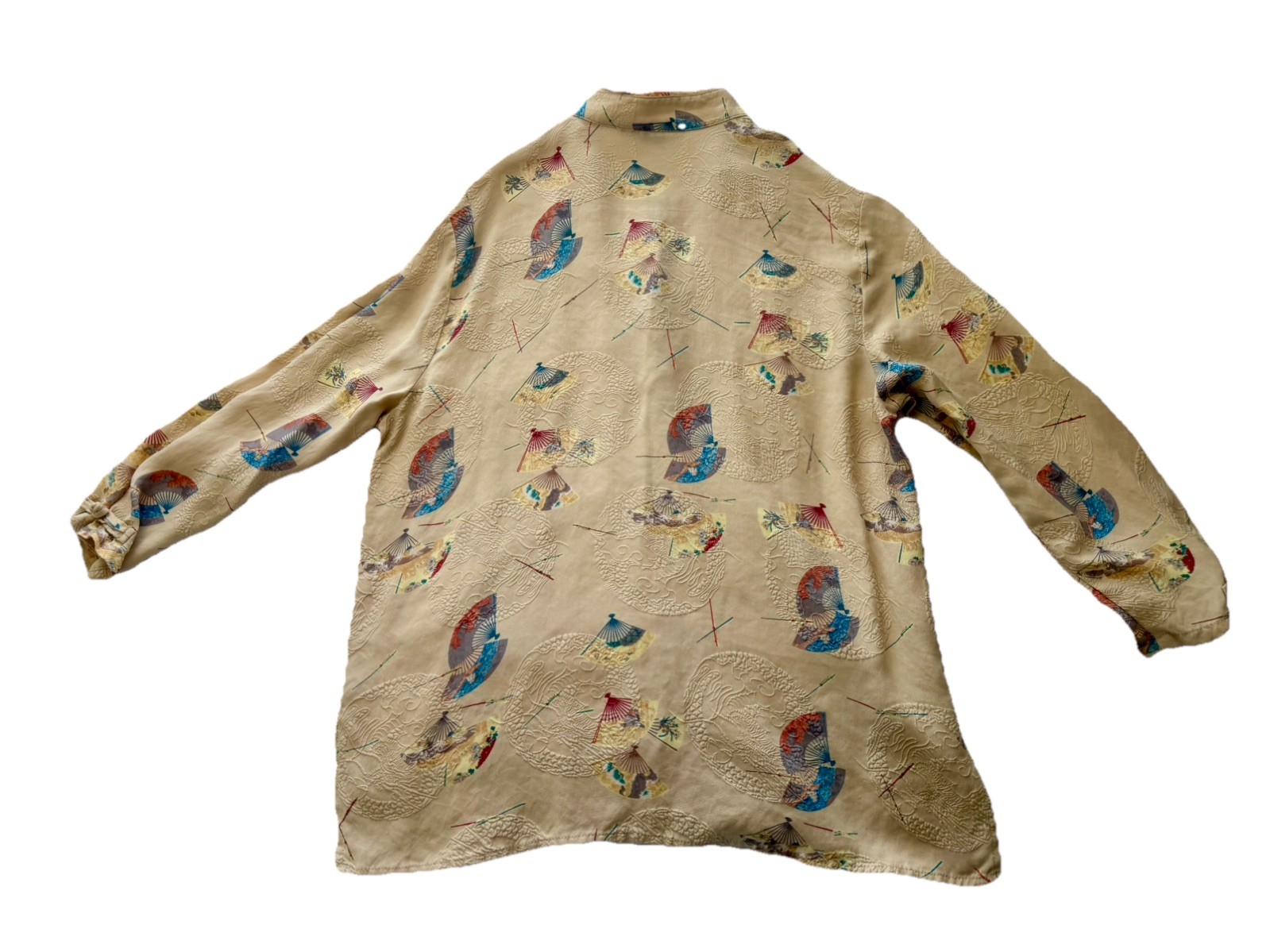 CITRON Santa Monica Silk Art to Wear Asian Fan Print Mandarin Collar Top Size S