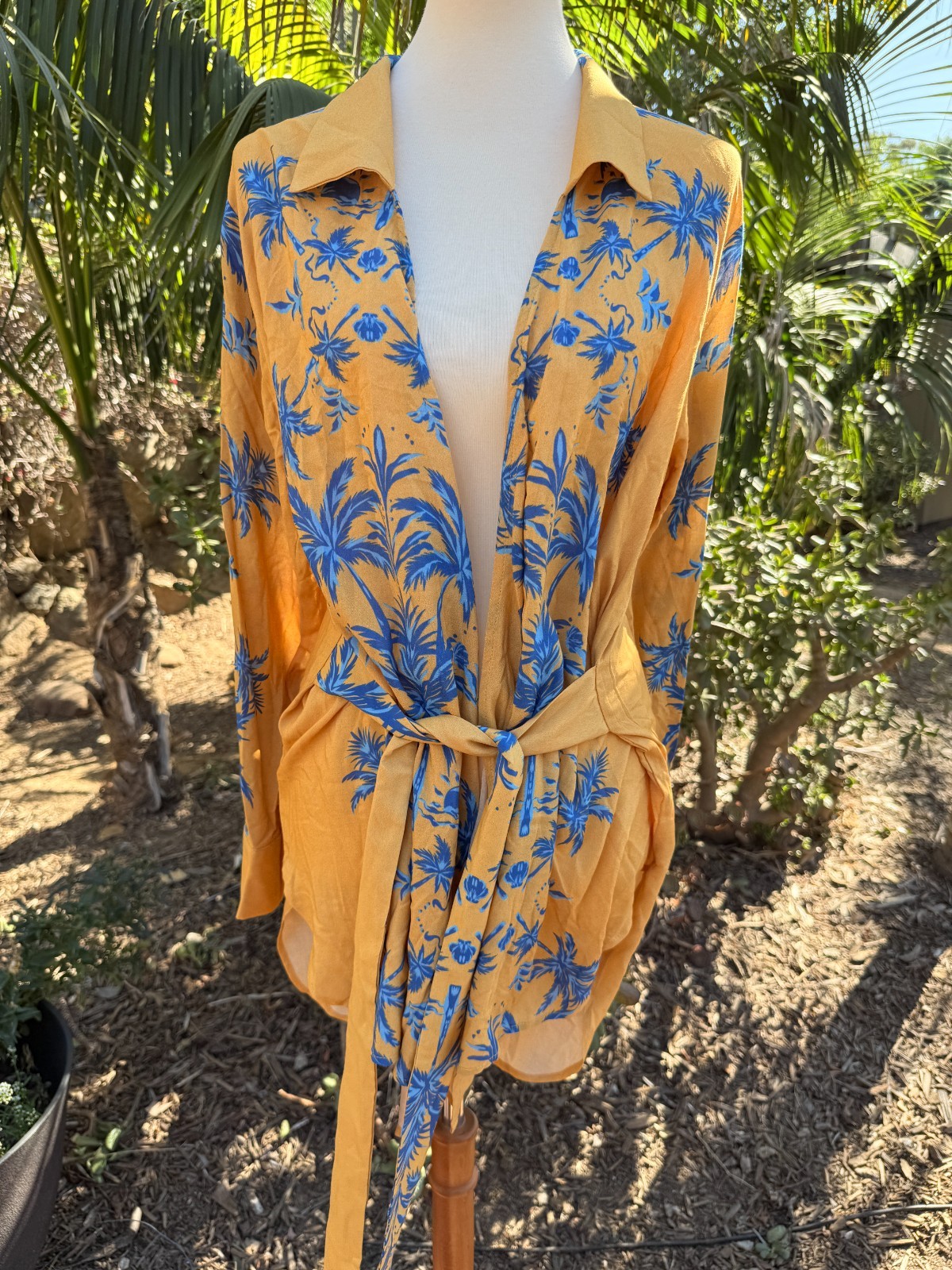 $198 NWT Aquari Yellow Blue Palm Tree Robe Wrap Dress Size S Boho Resort Wear