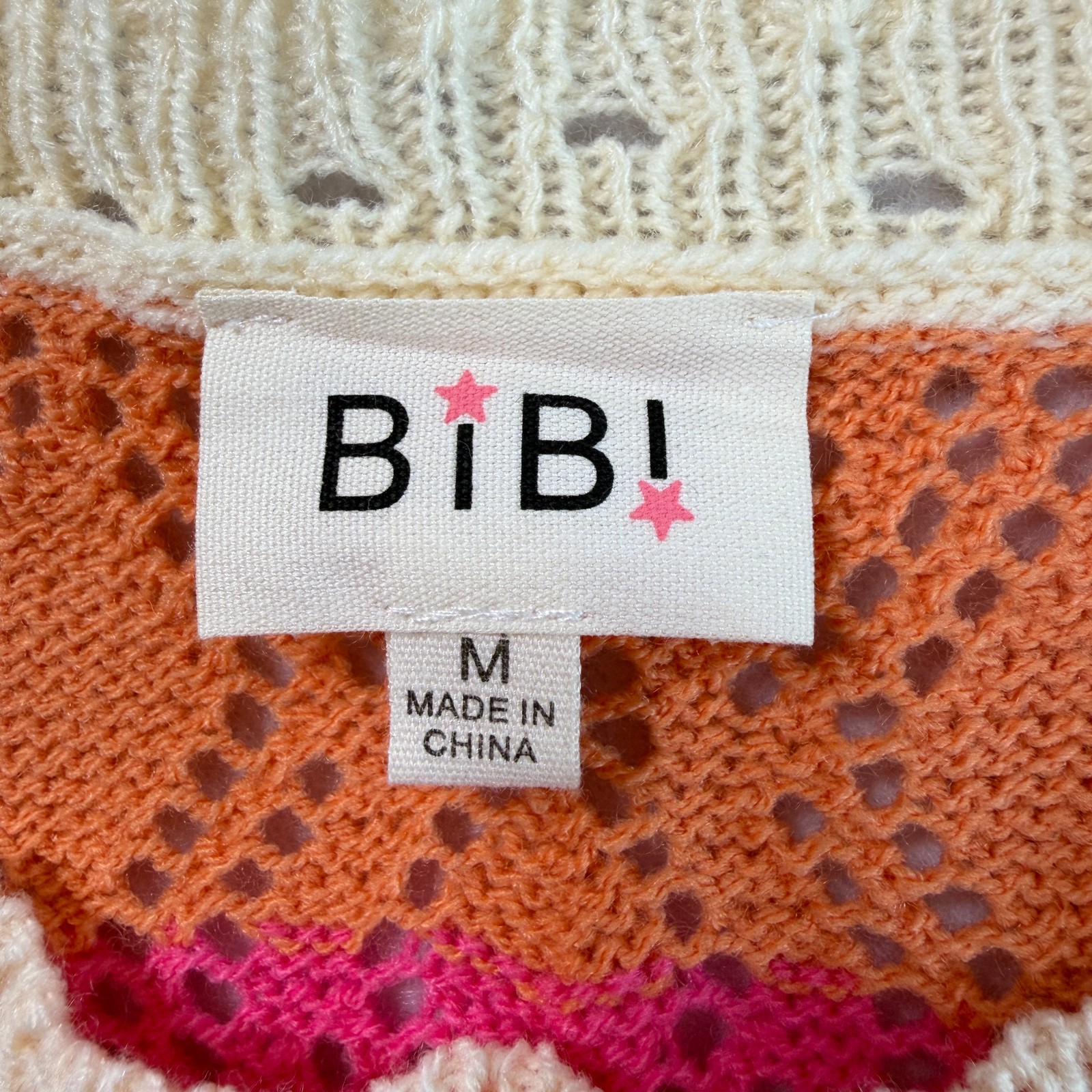 BiBi Colorblock Crochet Knit Ruffle Sleeve Sweater Sz M Boho Cottage Whimsical