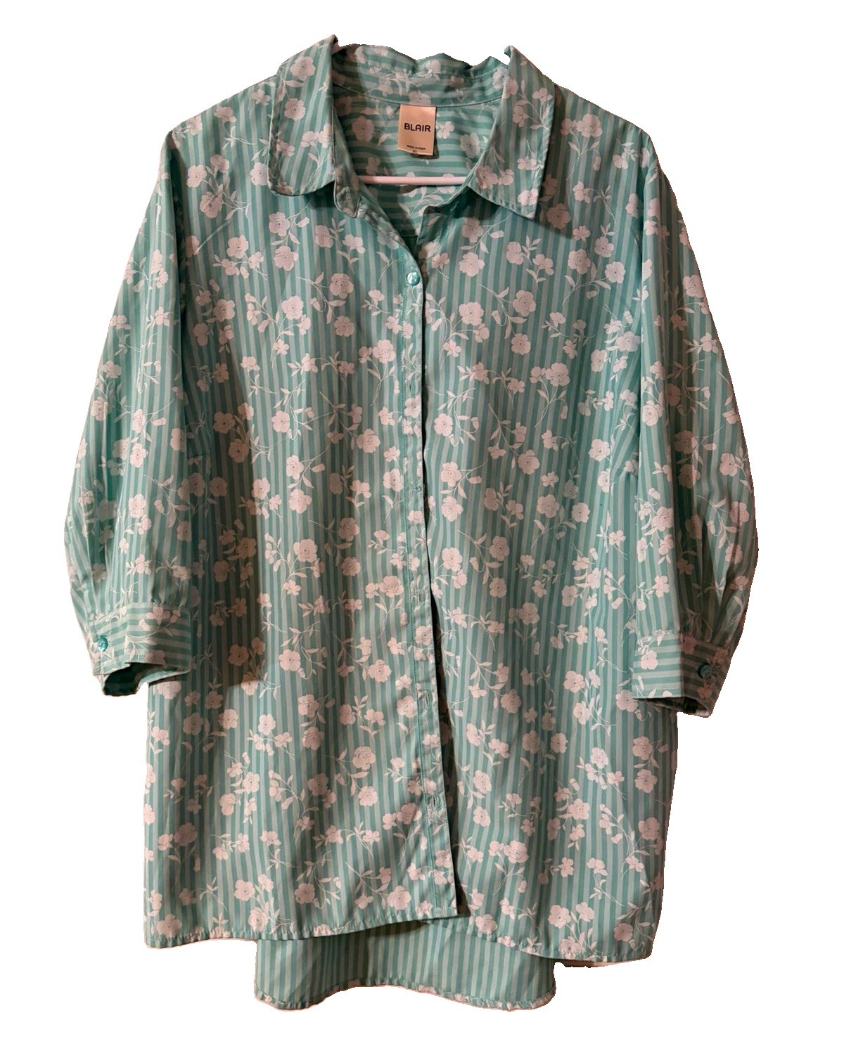 Blair Womens XL Green Wh Floral Stripe Button-Up Collared 3/4 Sleeve Top Pockets
