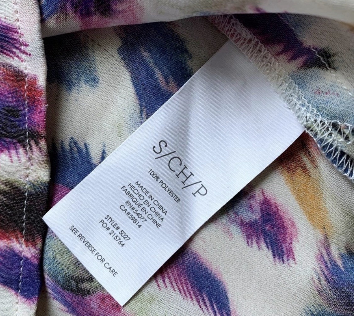 CAbi Cap Sleeve Plume Feather Blouse Size Small Purple Blue Green V Neck Top