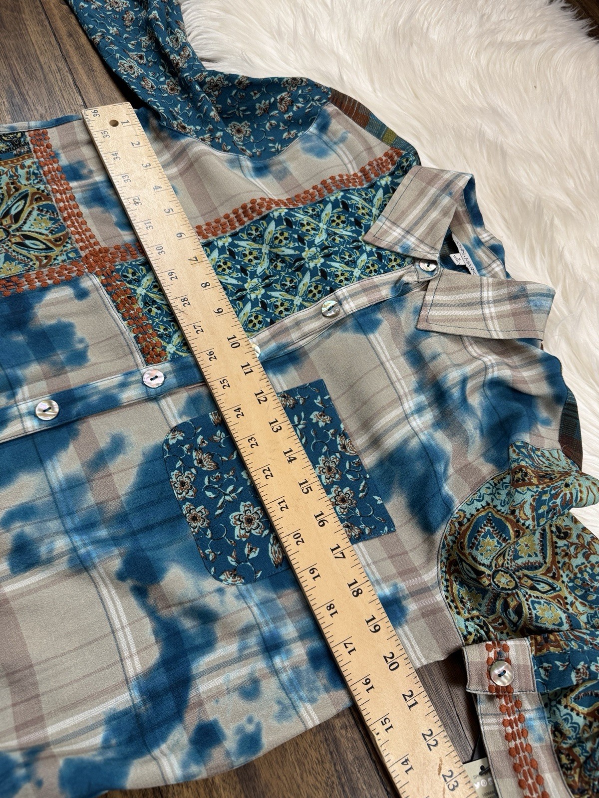 John Mark Size S Tunic Floral Multicolor Roll-Tab Sleeve Plaid NWT $129