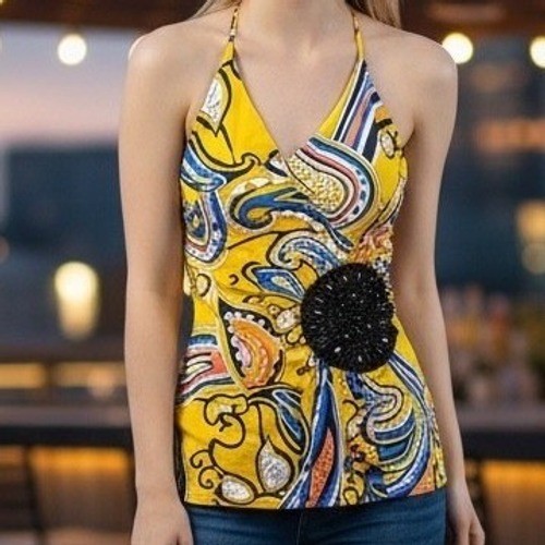 Y2K Printed Halter Top w Black Beaded Accent Night Out Size S