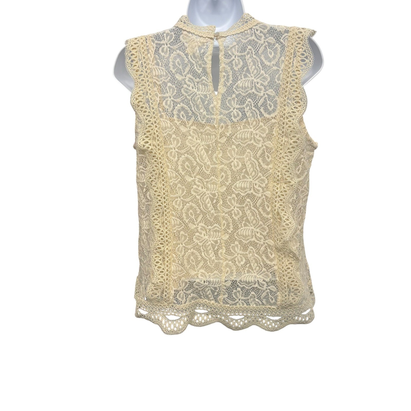 Adiva Cream Floral Lace Mock Neck Sleeveless Blouse Crochet Scalloped Top Large