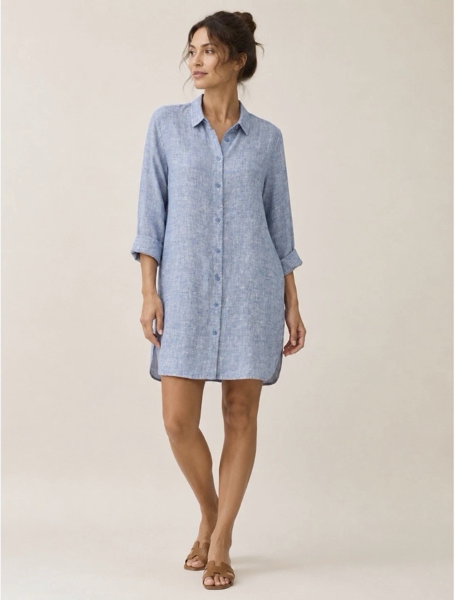 Garnet Hill Linen Tunic Women’s Blue 100% Linen Coastal Summer Beach Top Sz S P