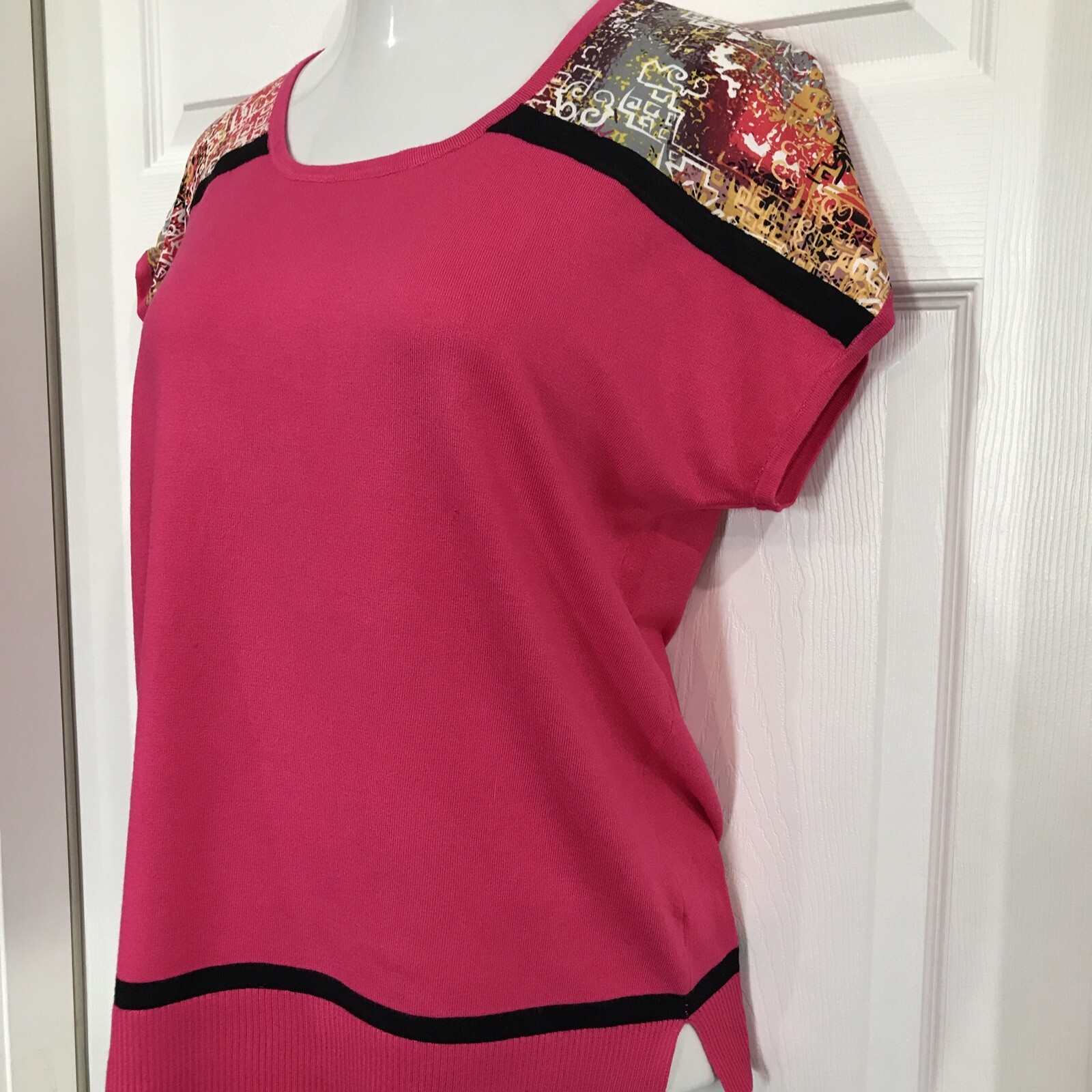 Cable & Gauge Womens Knit Sweater Top Hot Pink Fine Knit Short Sleeve XL