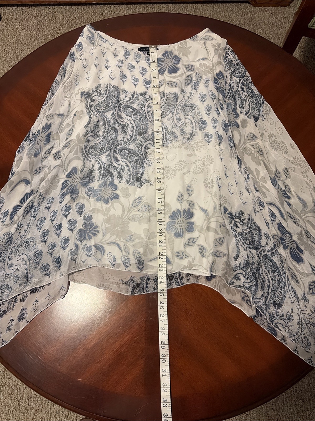 Saks Fifth Avenue Flowy Blouse Blue/white Italian Silk Sz XL paisley pattern.