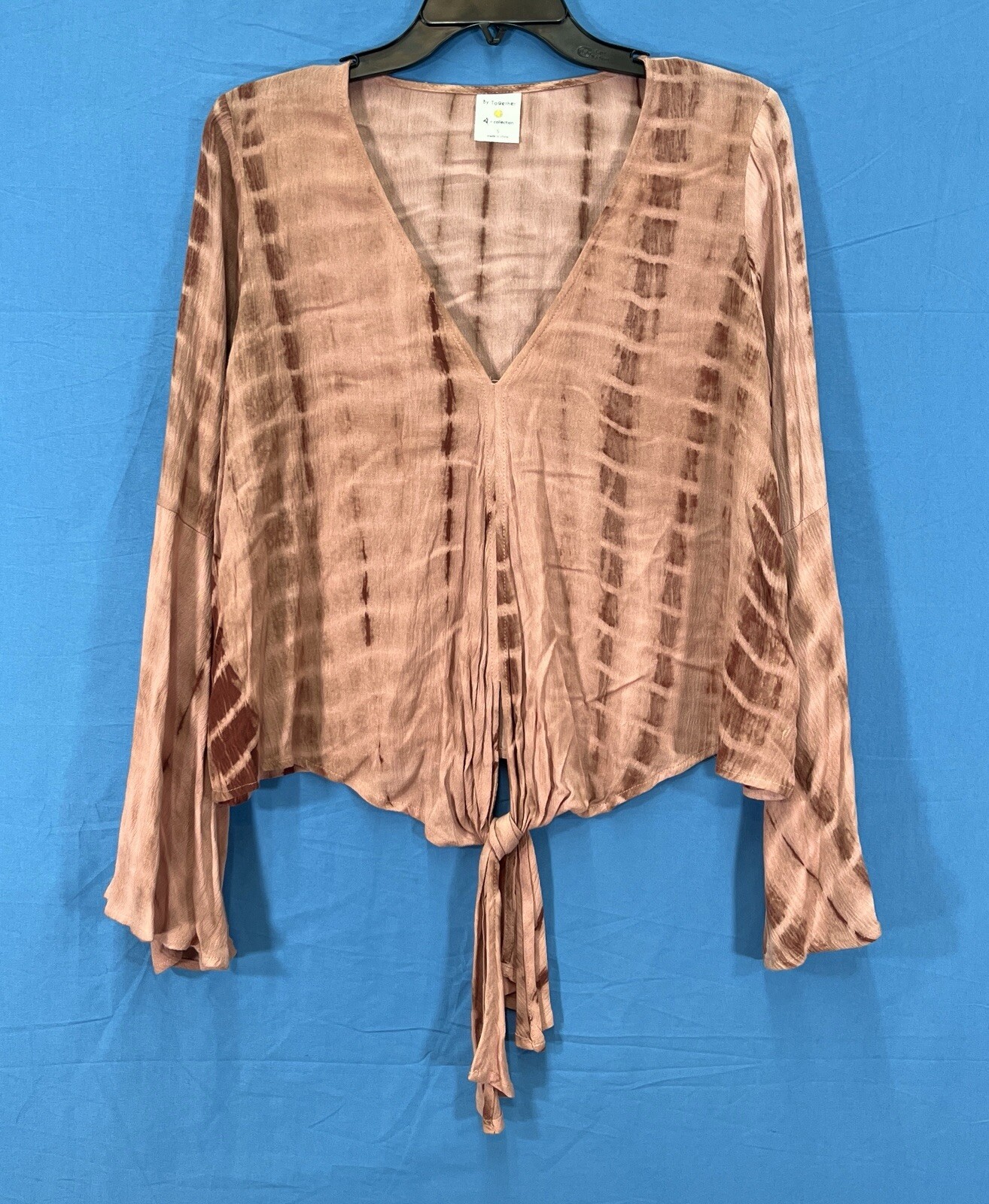 BY TOGETHER Pink/Maroon TIE-DYE Challis Rayon V-NECK Bell Sleeve TIE FRONT Top S