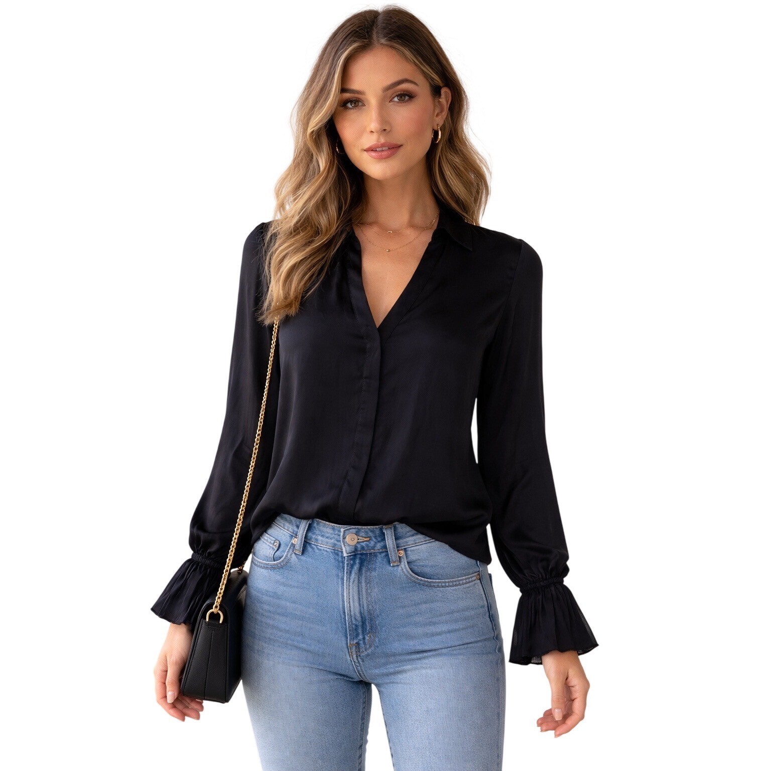 PAIGE Navy Blue V-Neck Long Sleeve Blouse Pleated Flared Cuffs 4099E25-6148
