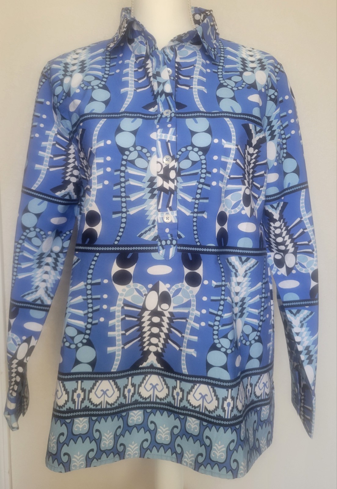 Jude Connally Pru Stretch Poplin Top Seaside Catch Sapphire Blouse Size XL(NWT)