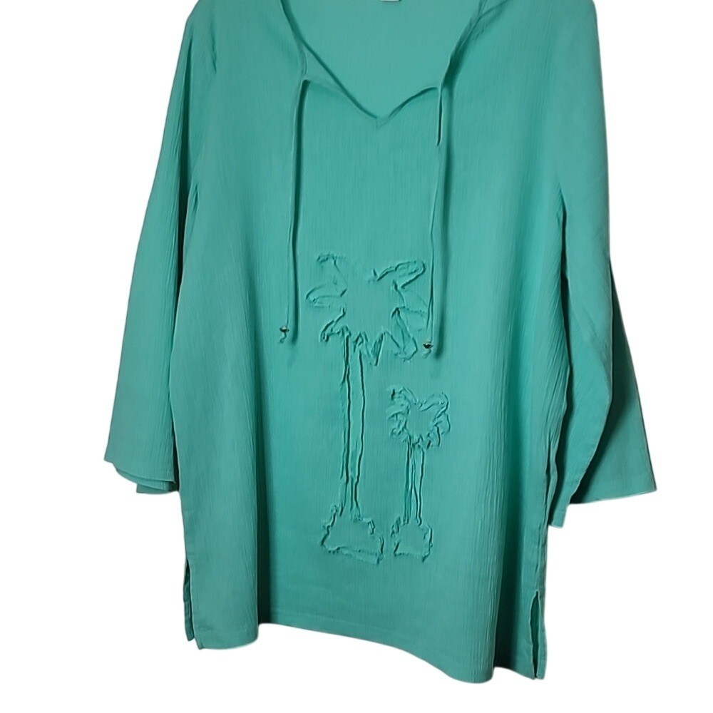 Sun Bay Womens Turquoise Cotton Tunic With Palm Tree Embroidery & Drawstring Nec