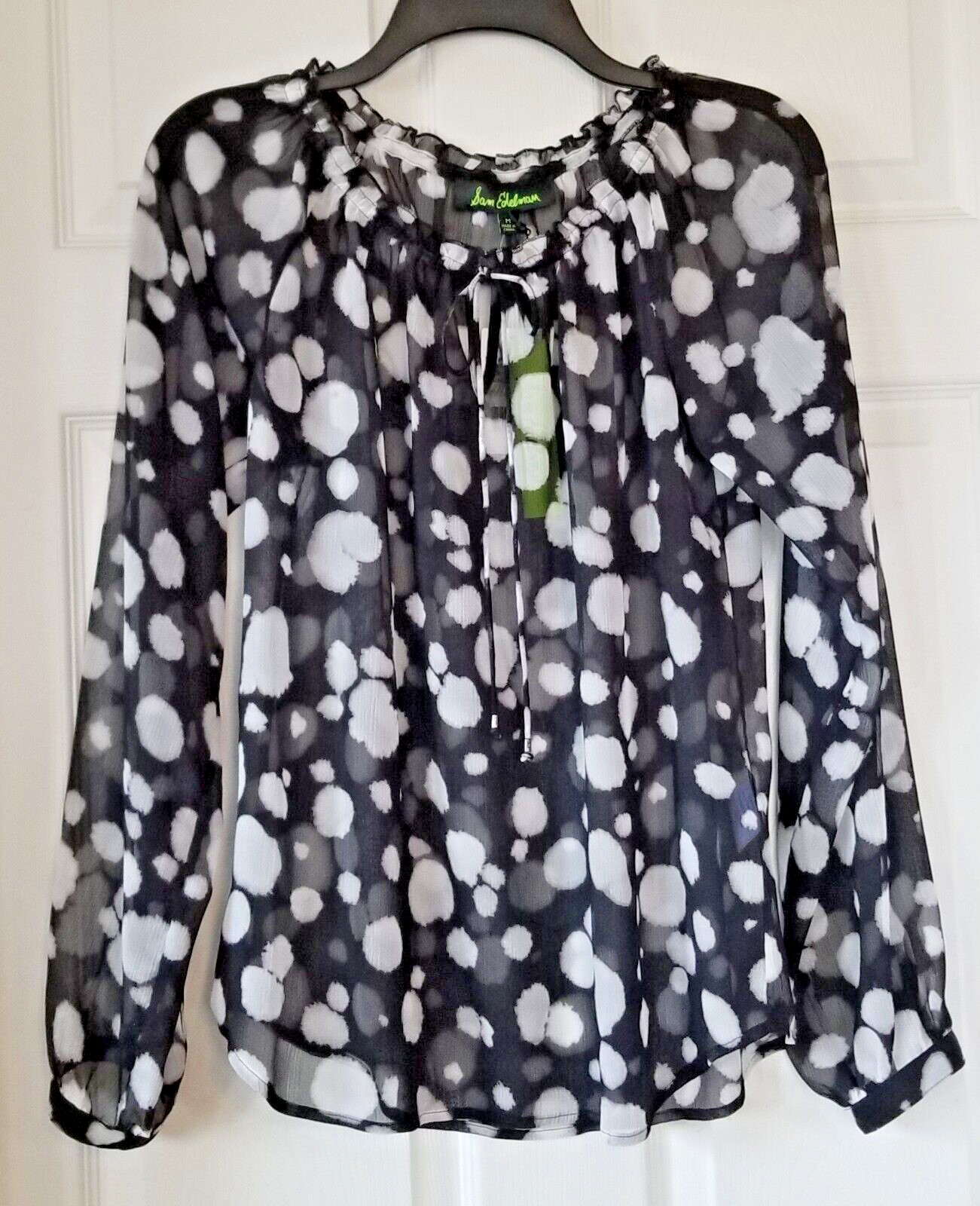 SAM EDELMAN Black & Ivory Spotted Blouse Tie Neck Long Sleeves Sheer Size M NWT