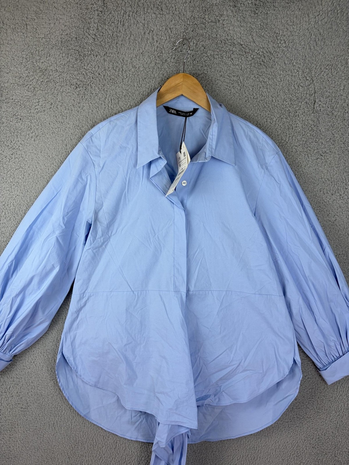 Zara Shirt Womens Medium Blue Balloon Sleeve Tunic Tie Hem Button Blouse New
