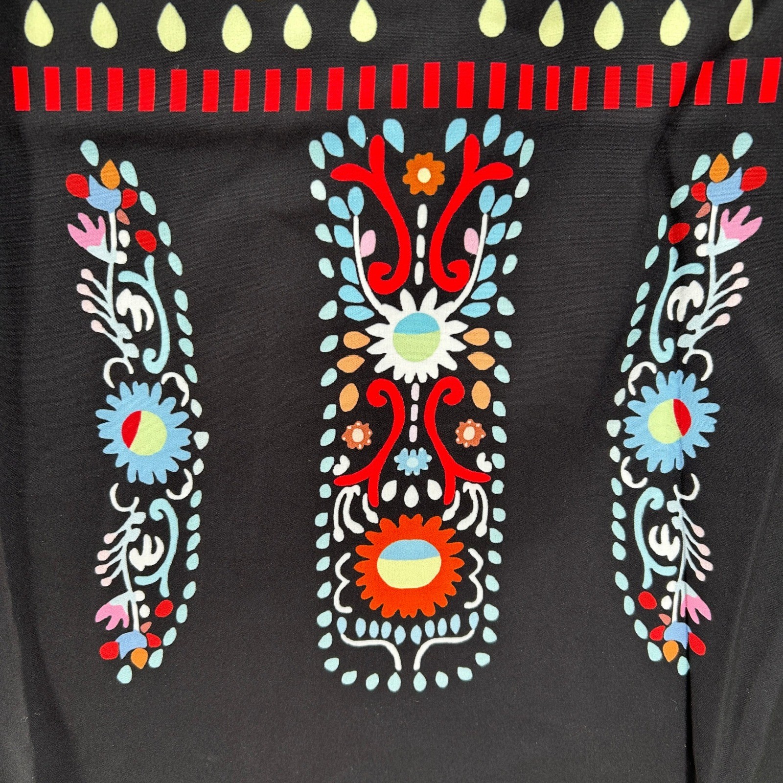 Black Floral Folk Short Sleeve Lightweight Blouse Top L Boho Peasant Festival