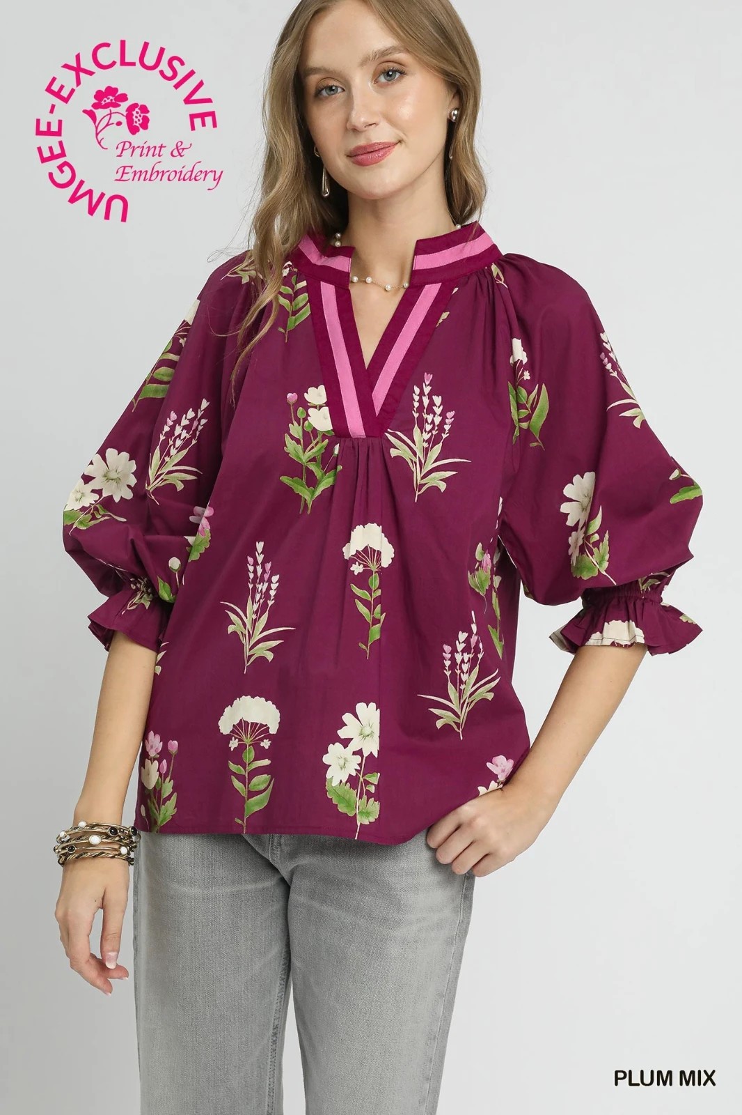 Umgee Plum Floral V Neck w/ Contrast Trim Blouse and Long Sleeves sz Small