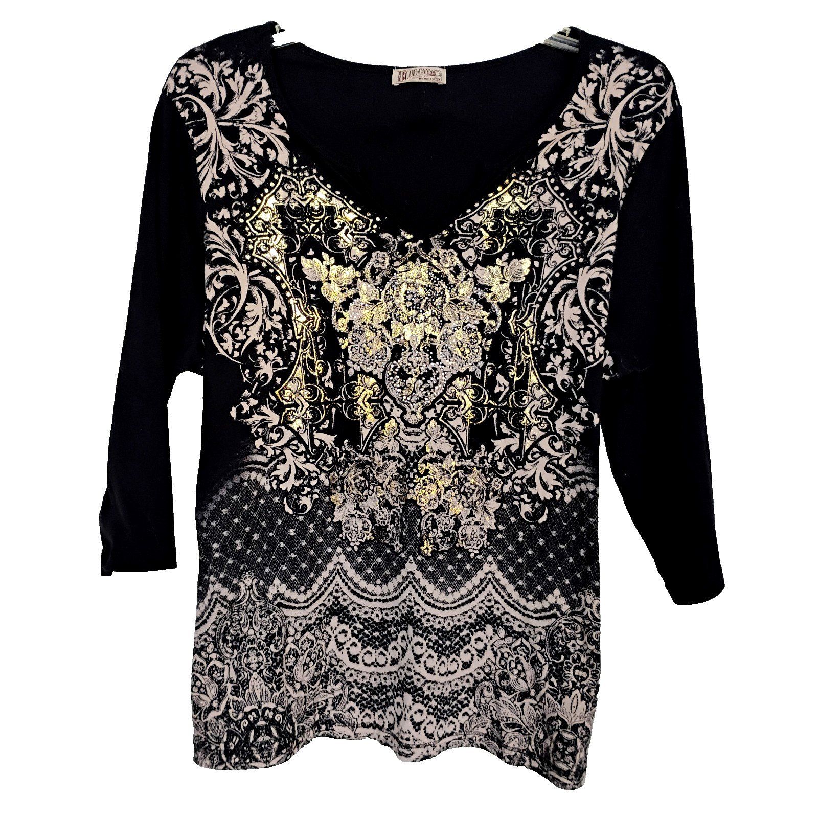 Blue Canyon T-Shirt Black/Taupe/Gold 3/4 Slv Studded Cotton Tee ~ Plus Size 3X