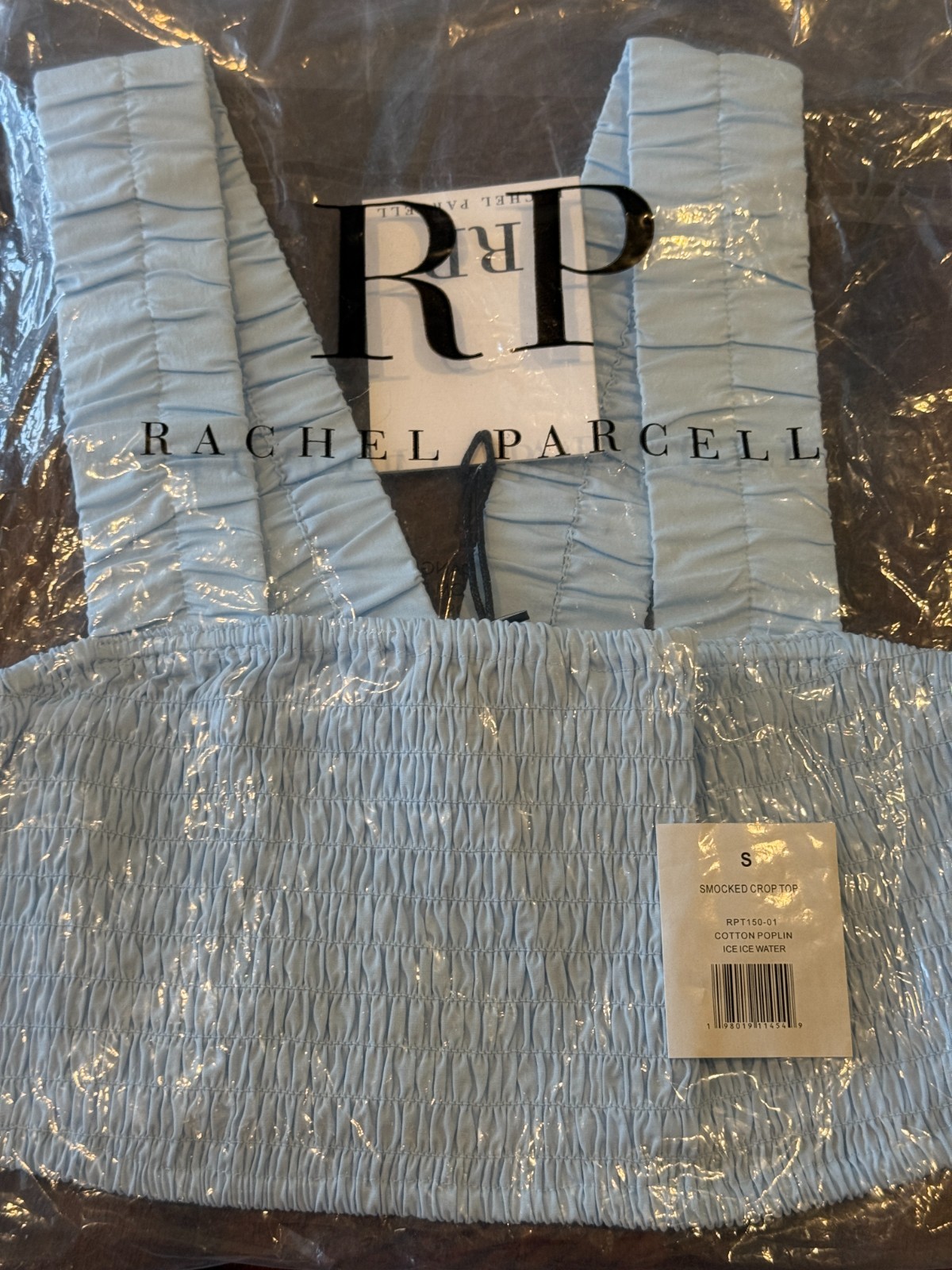 RACHEL PARCELL – Smocked Crop Top – Cotton Poplin Ice Ice Water Blue, Small