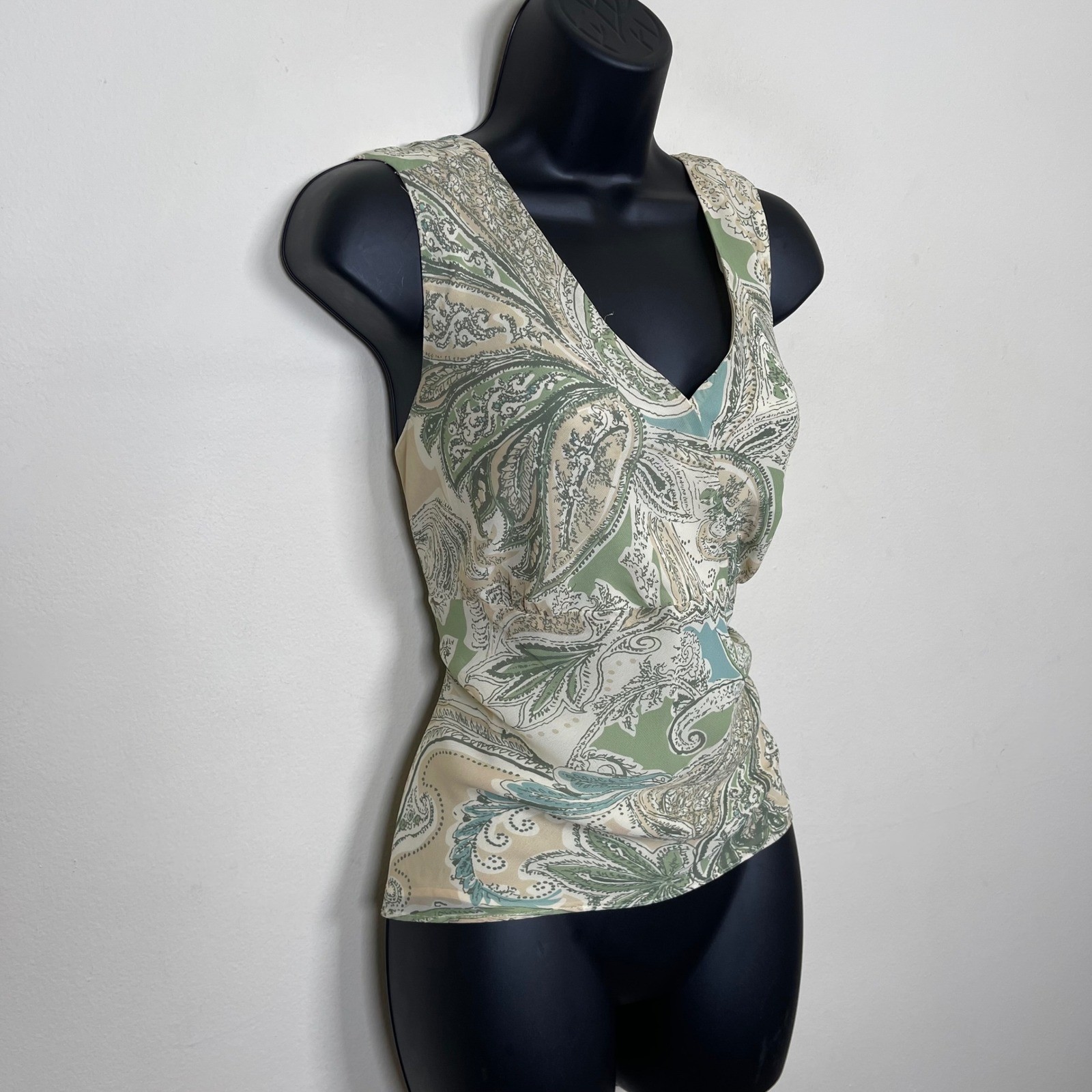 Vtg Evan Picone Paisley Sleeveless Blouse 12 Green Babydoll Y2K Fairy Grunge