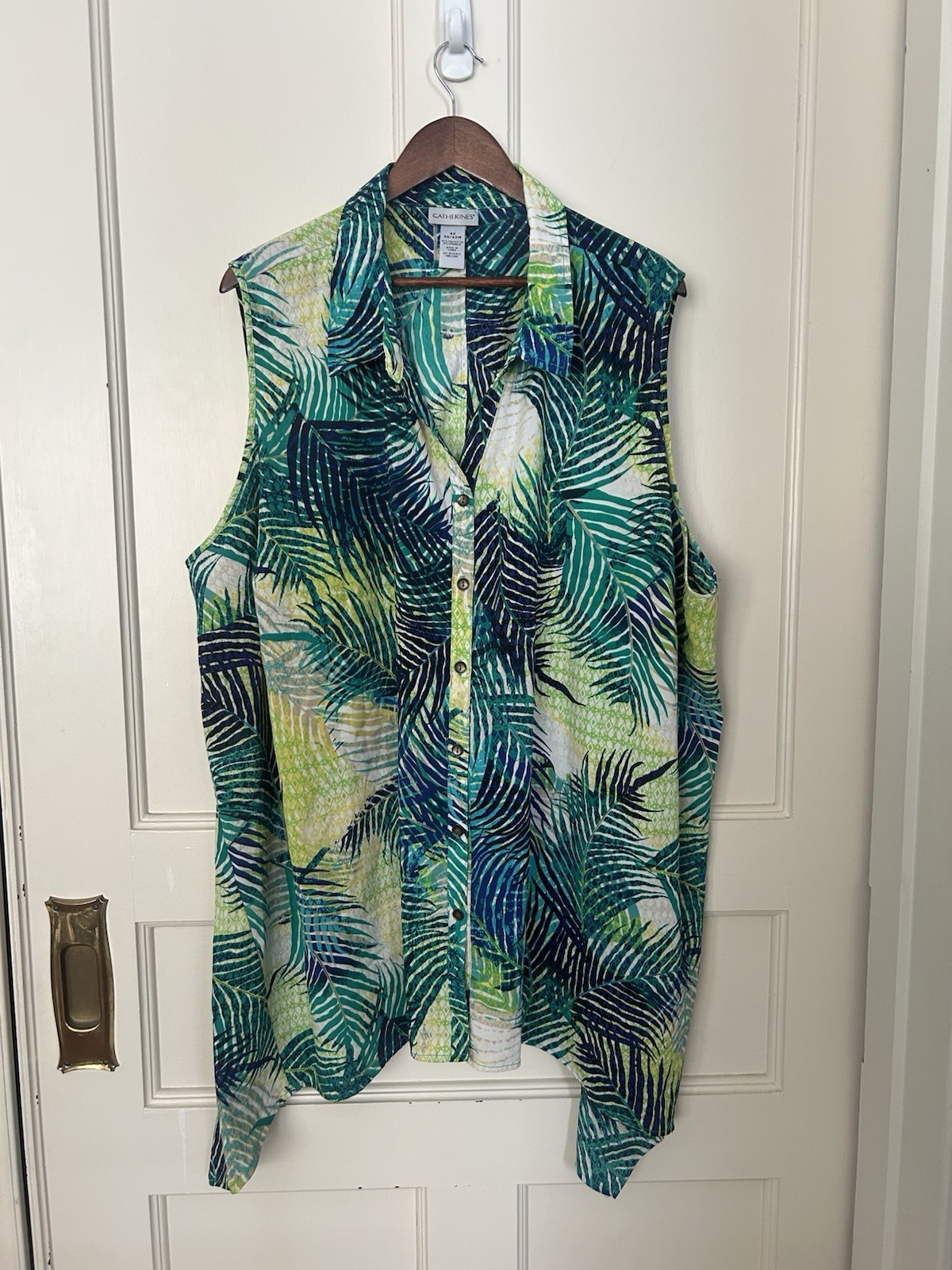 Catherines Tropical Button Collared Sleeveless Blouse Womens Size 4X Green