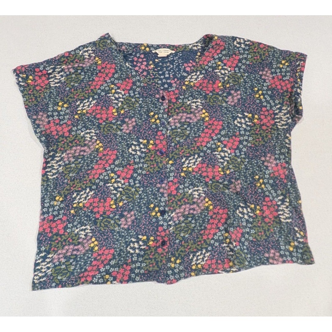 Seasalt Cornwall Blouse Womens 10 Blue Floral Organic Cotton V-Neck Top
